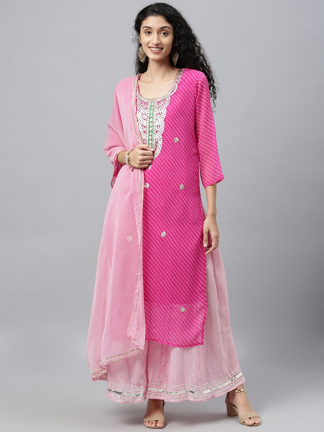 

Geroo Jaipur Pink Hand Embroidered Georgette Sustainable Kurta with Palazzo & Dupatta