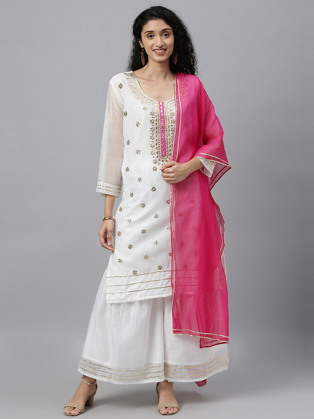 

Geroo Jaipur White Hand Embroidered Chanderi Sustainable Kurta with Sharara & Dupatta