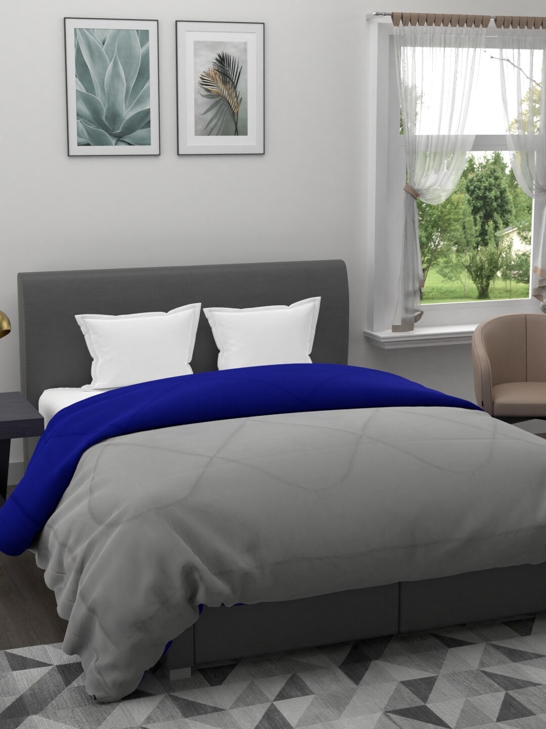 

Clasiko Grey & Blue Solid AC Room 120 GSM Reversible Double Bed Quilt