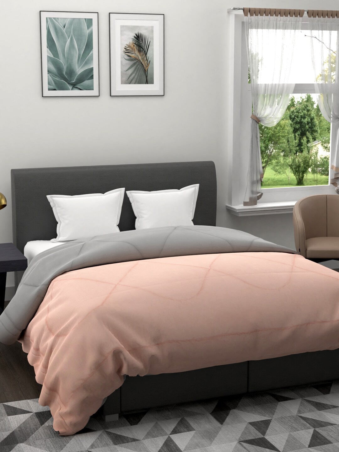 

Clasiko Peach-Coloured & Grey Solid AC Room 120 GSM Reversible Double Bed Quilt