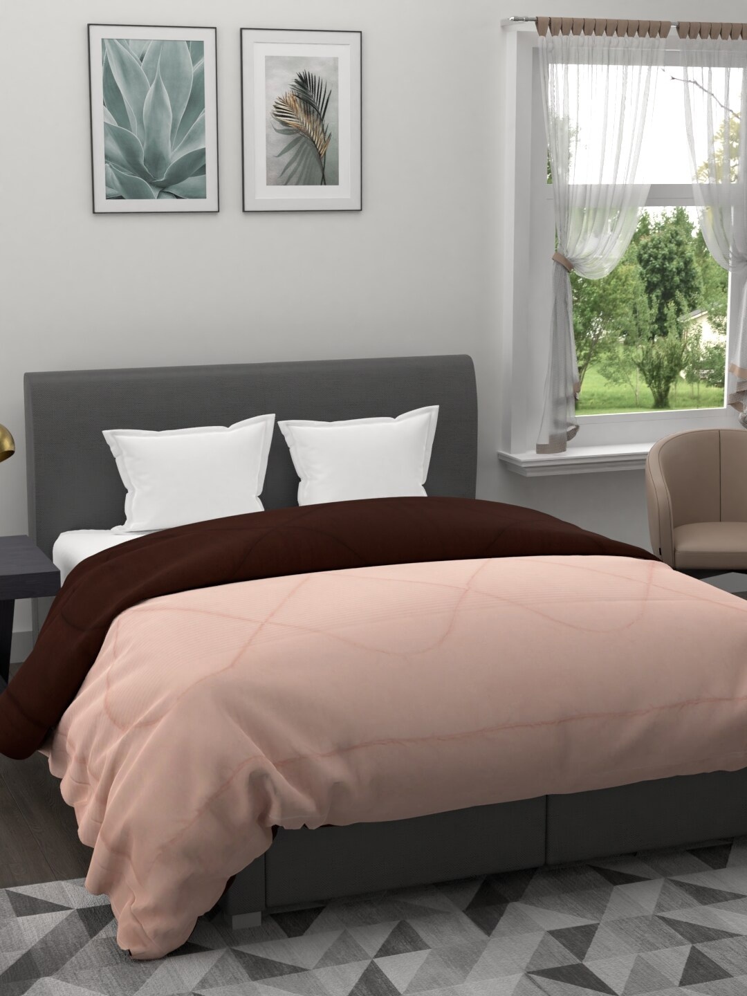 

Clasiko Peach-Coloured & Brown Solid AC Room 120 GSM Reversible Double Bed Quilt
