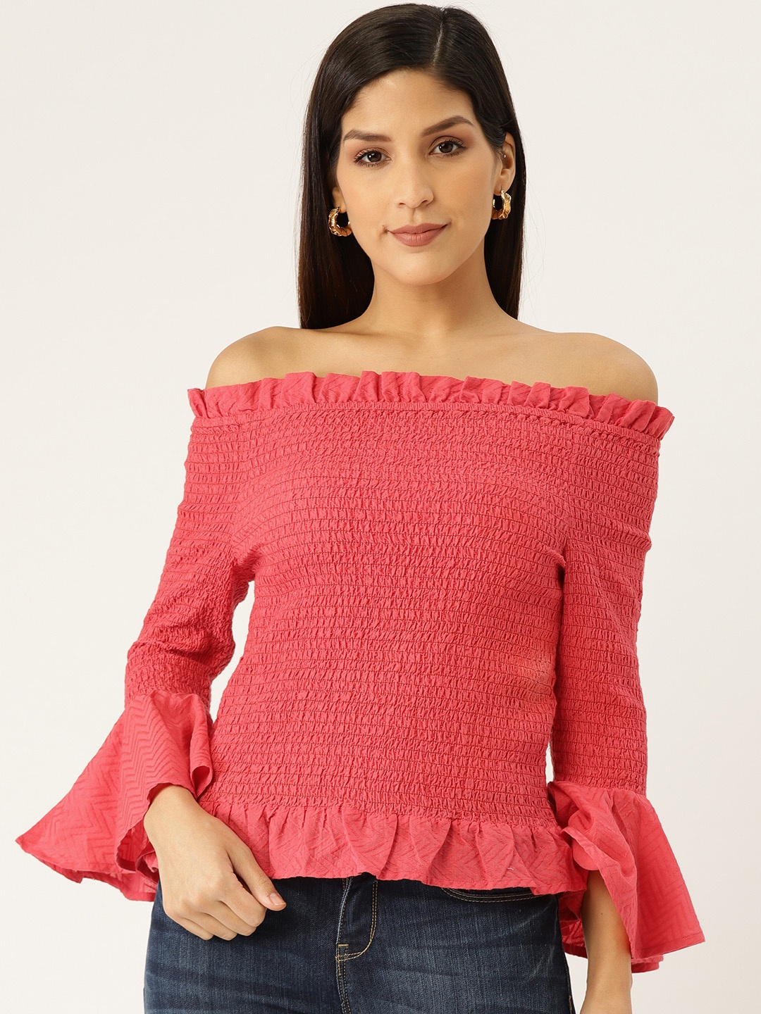 

Aayna Women Coral Pink Solid Bardot Pure Cotton Top