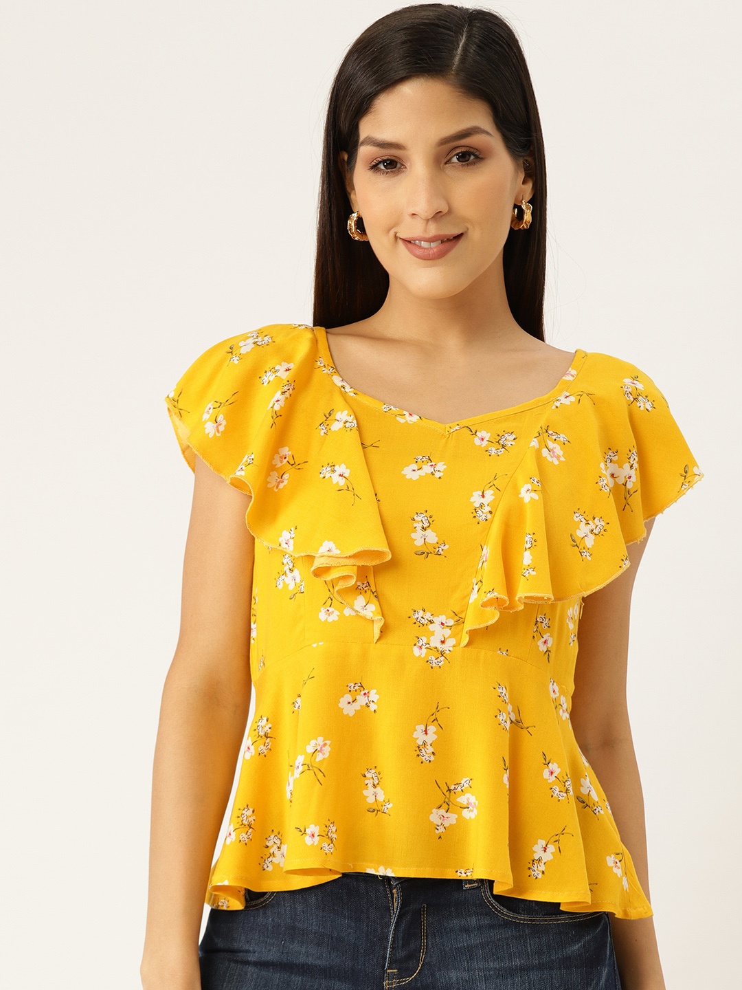 

Aayna Women Yellow & White Floral Print Peplum Top