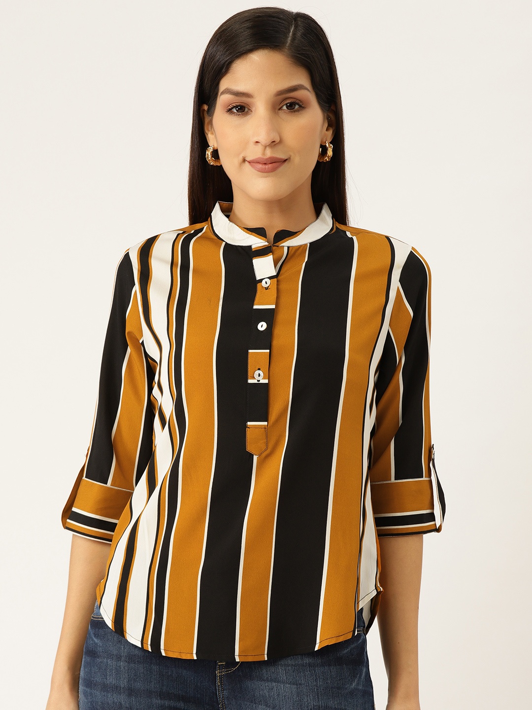 

Aayna Women Mustard Yellow & Black Striped Shirt Style Top