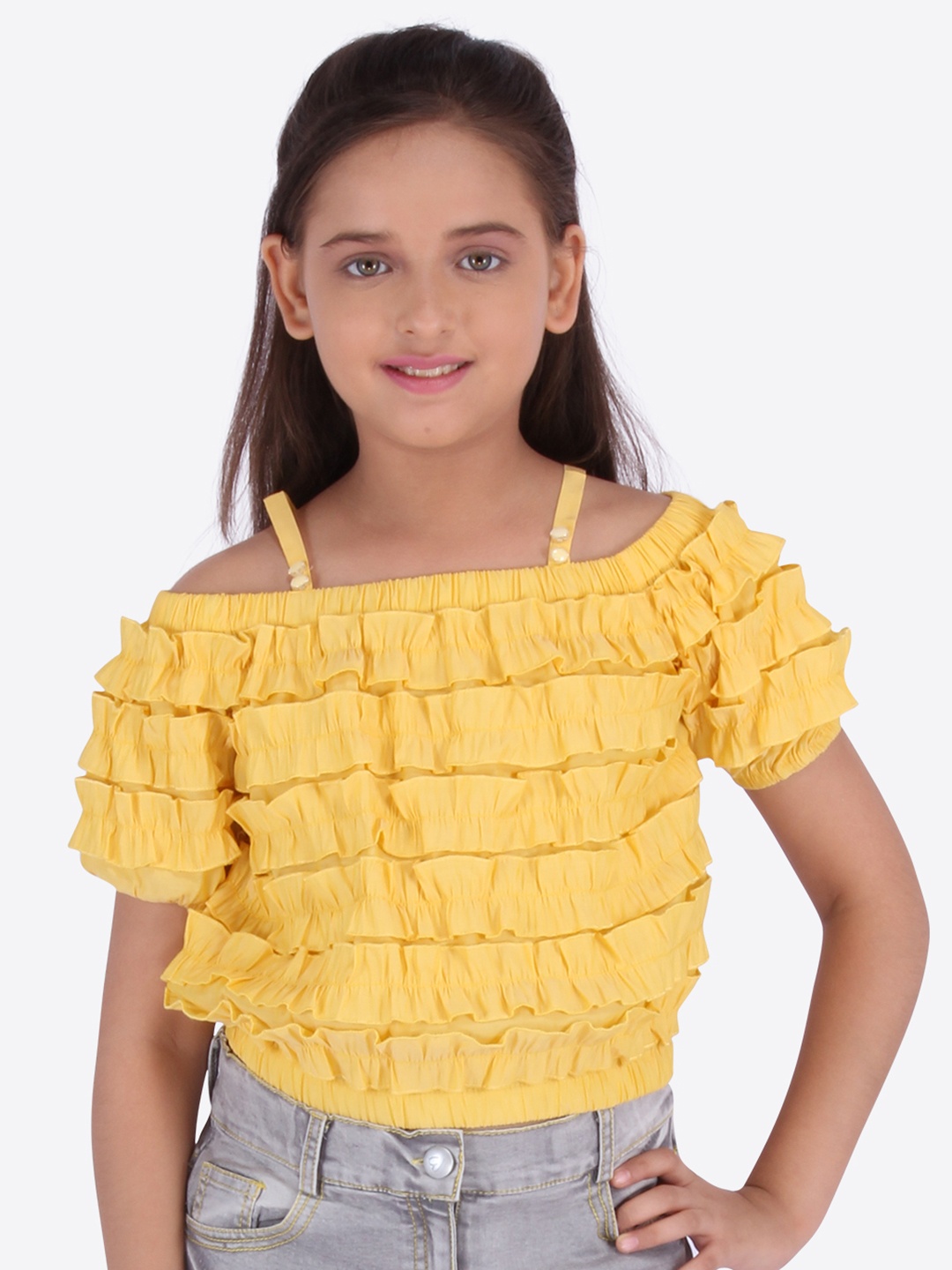 

CUTECUMBER Girls Yellow Self Design Top