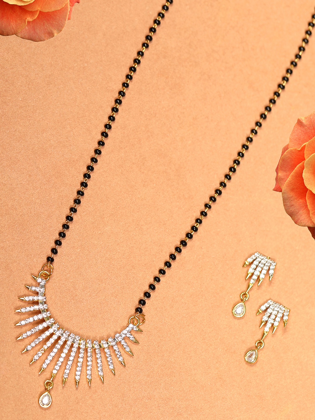 

Priyaasi Black Gold-Plated AD-Studded & Beaded Mangalsutra & Earrings Set