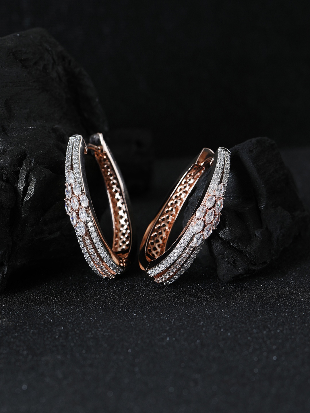 

Priyaasi Rose Gold-Plated AD-Studded Handcrafted Oval Hoop Earrings