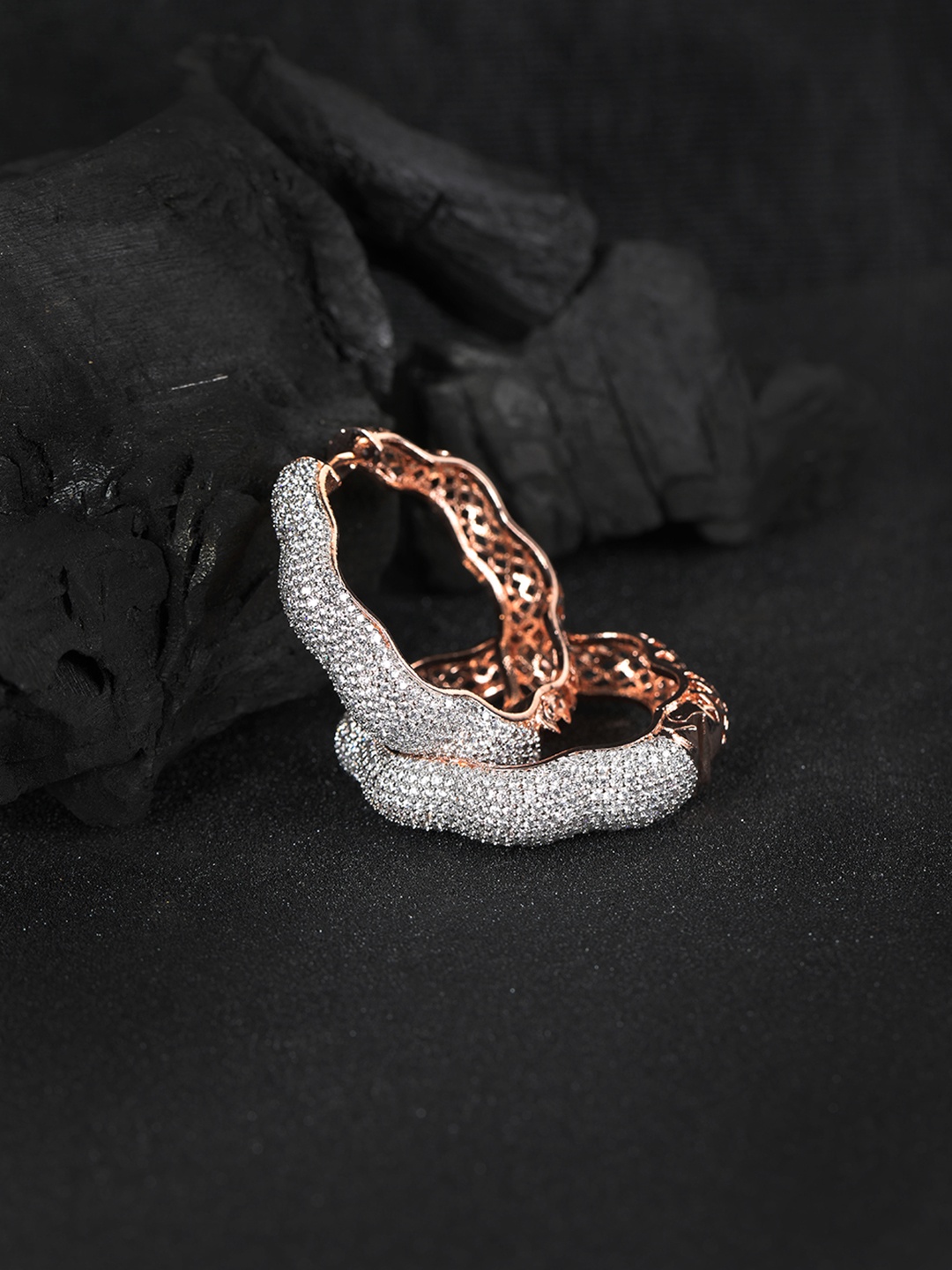 

Priyaasi Rose Gold-Plated AD-Studded Handcrafted Wavy Circular Hoop Earrings