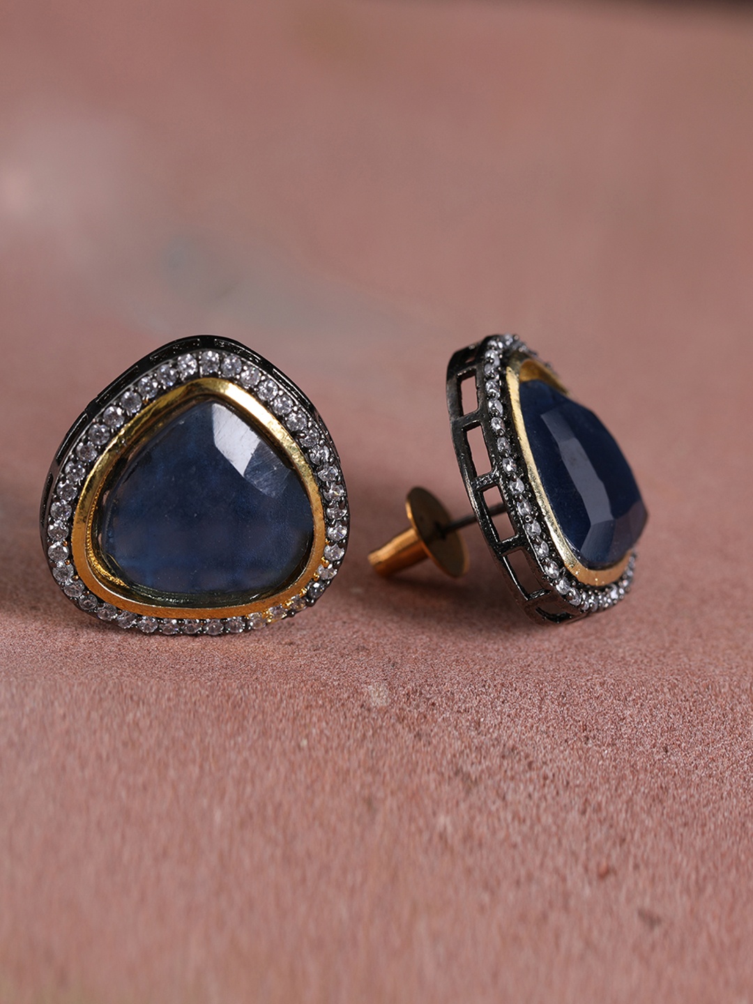 

Priyaasi Black & Gunmetal-Toned Silver-Plated Stone Studded Handcrafted Geometric Studs