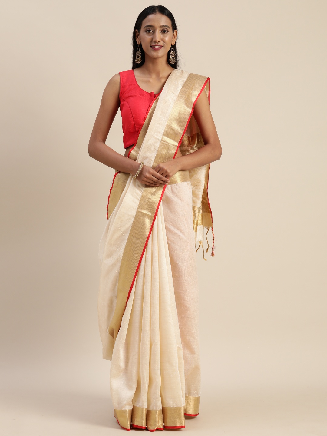 

Indian Women Off-White Solid Silk Cotton Saree