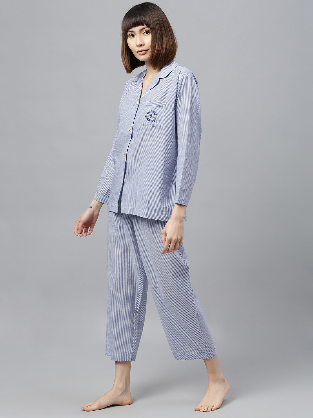 

Chemistry Women 2 Pc Blue & White Striped Night Suit Set
