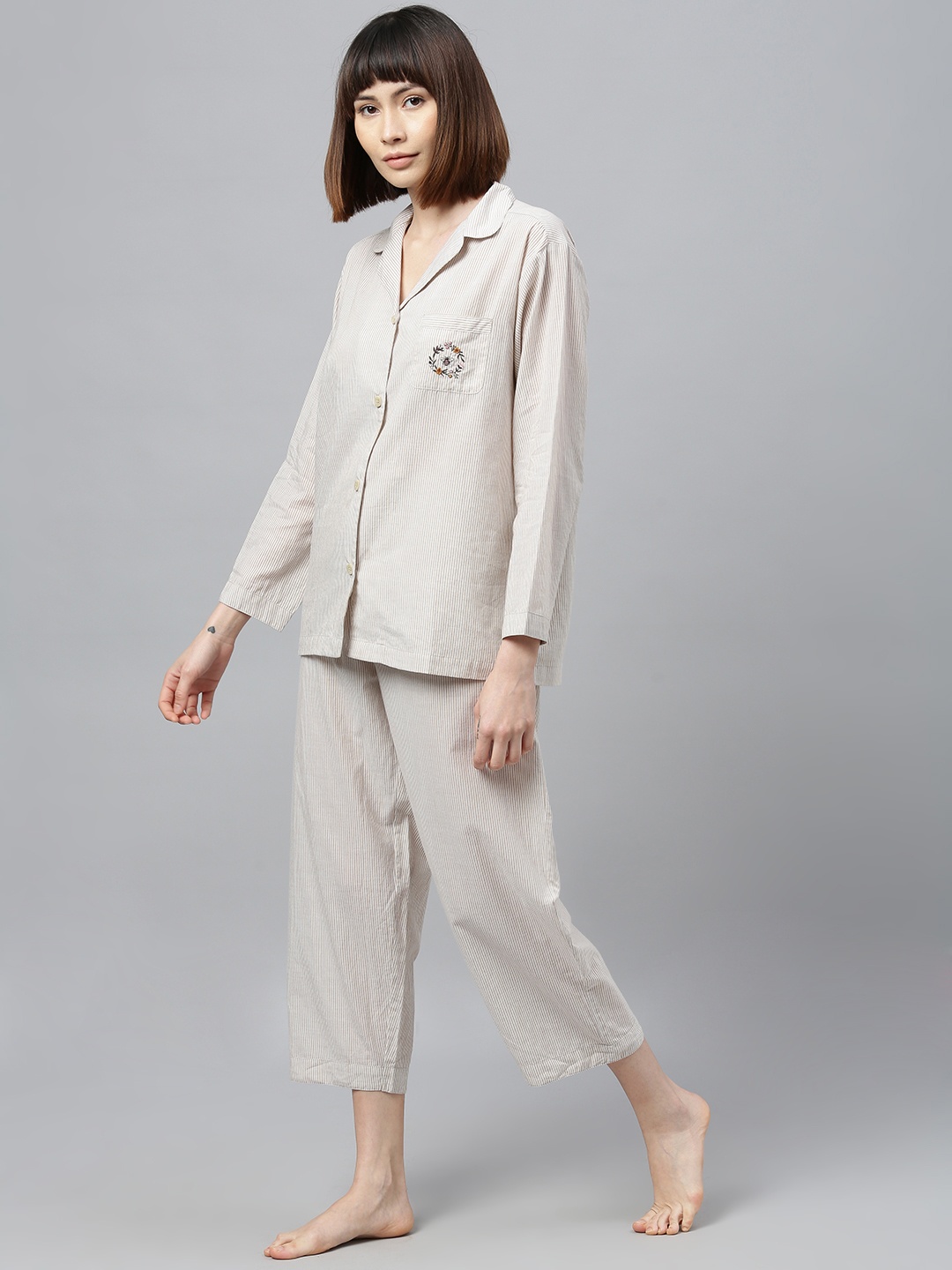 

Chemistry Women 2 Pc Beige & White Striped Night Suit Set