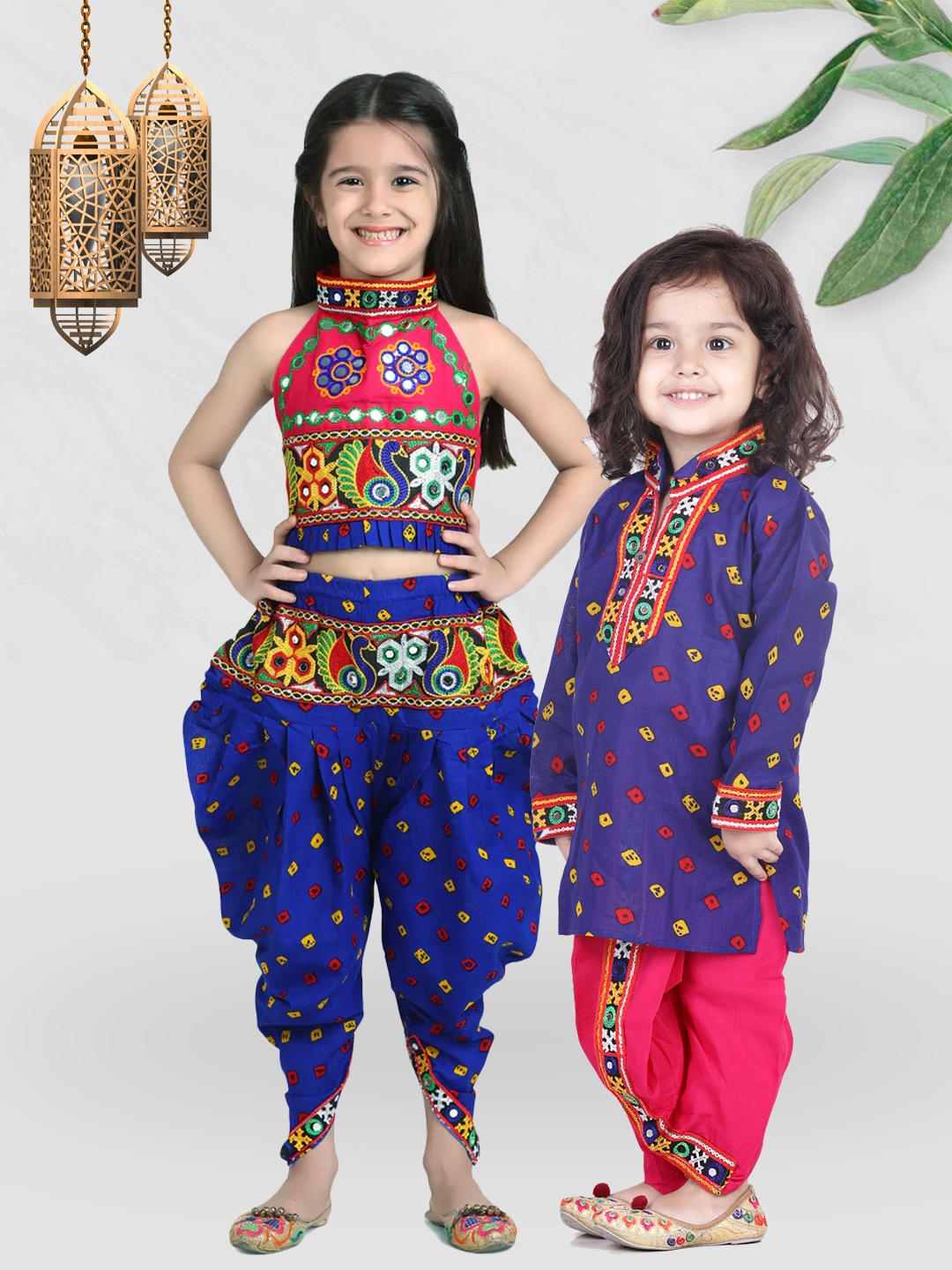 

BownBee Girls Blue Embroidered Halter Crop Top with Dhoti Pants