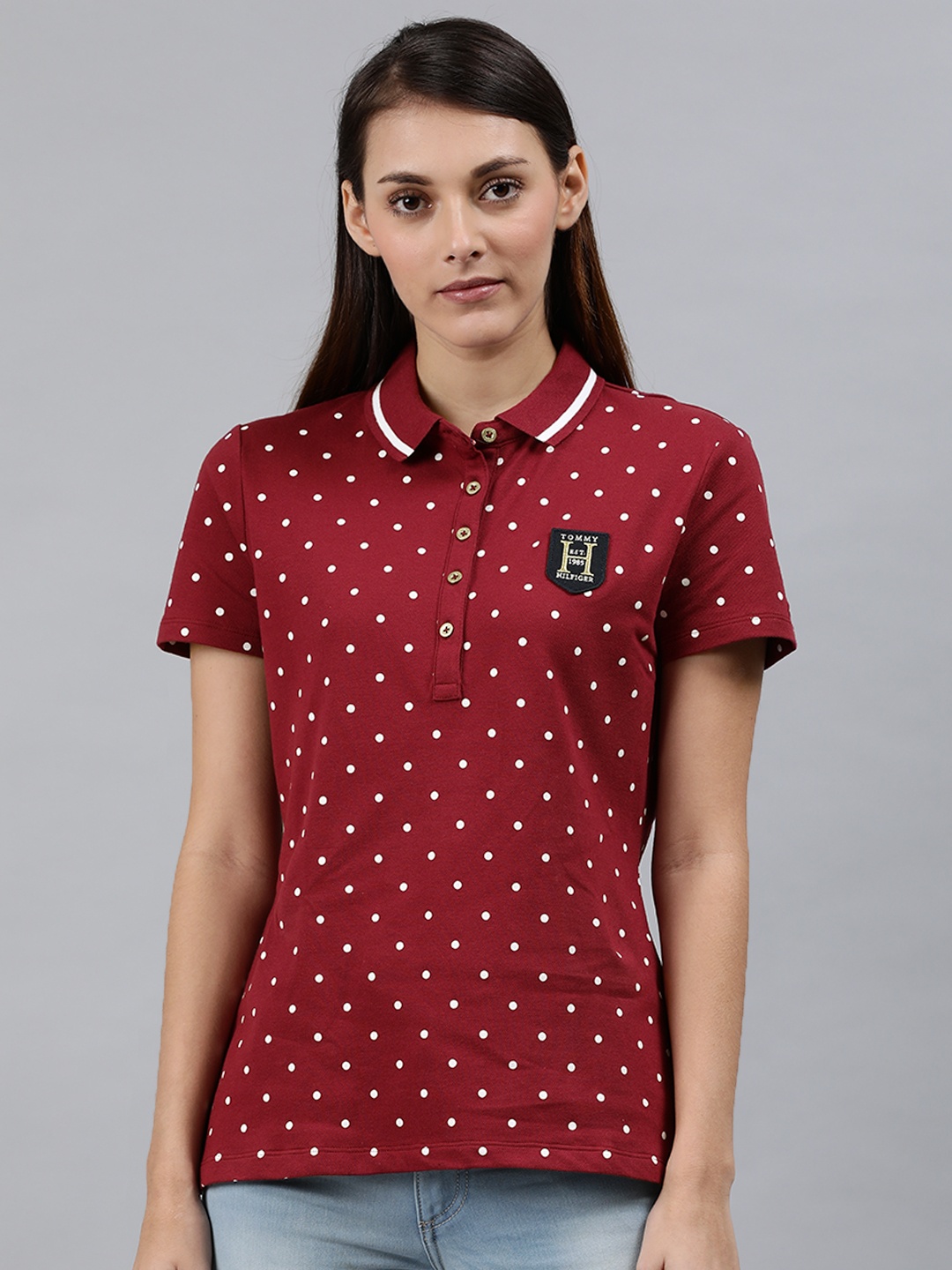 

Tommy Hilfiger Women Maroon & White Printed Polo Collar T-shirt