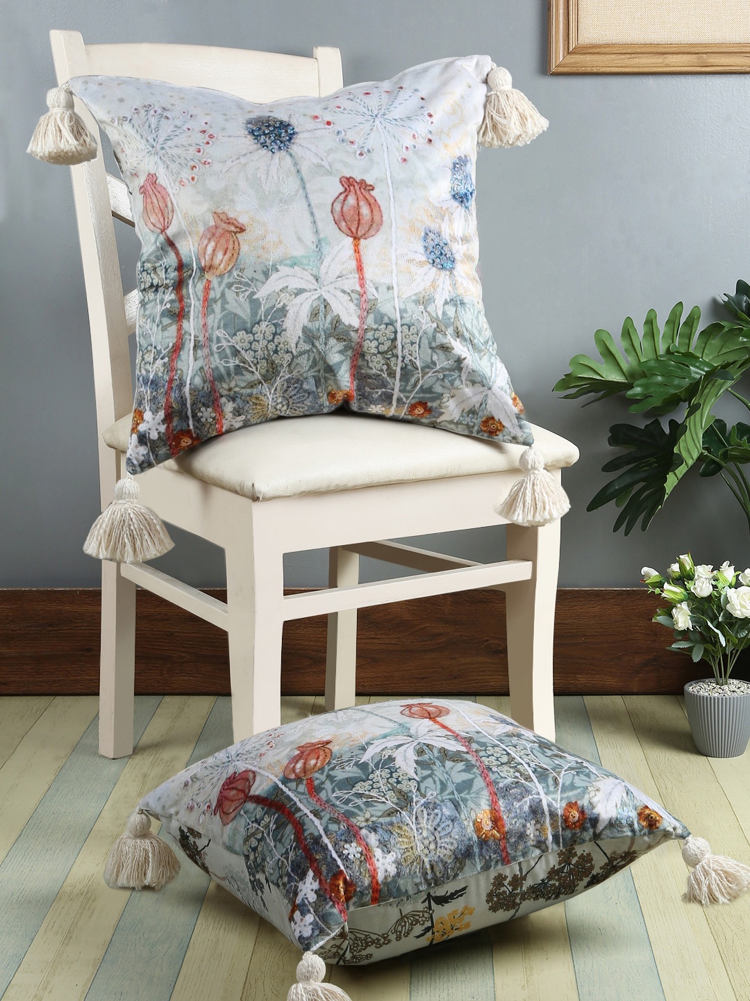 

eyda Grey & Blue Set of 2 Floral Square Cushion Covers