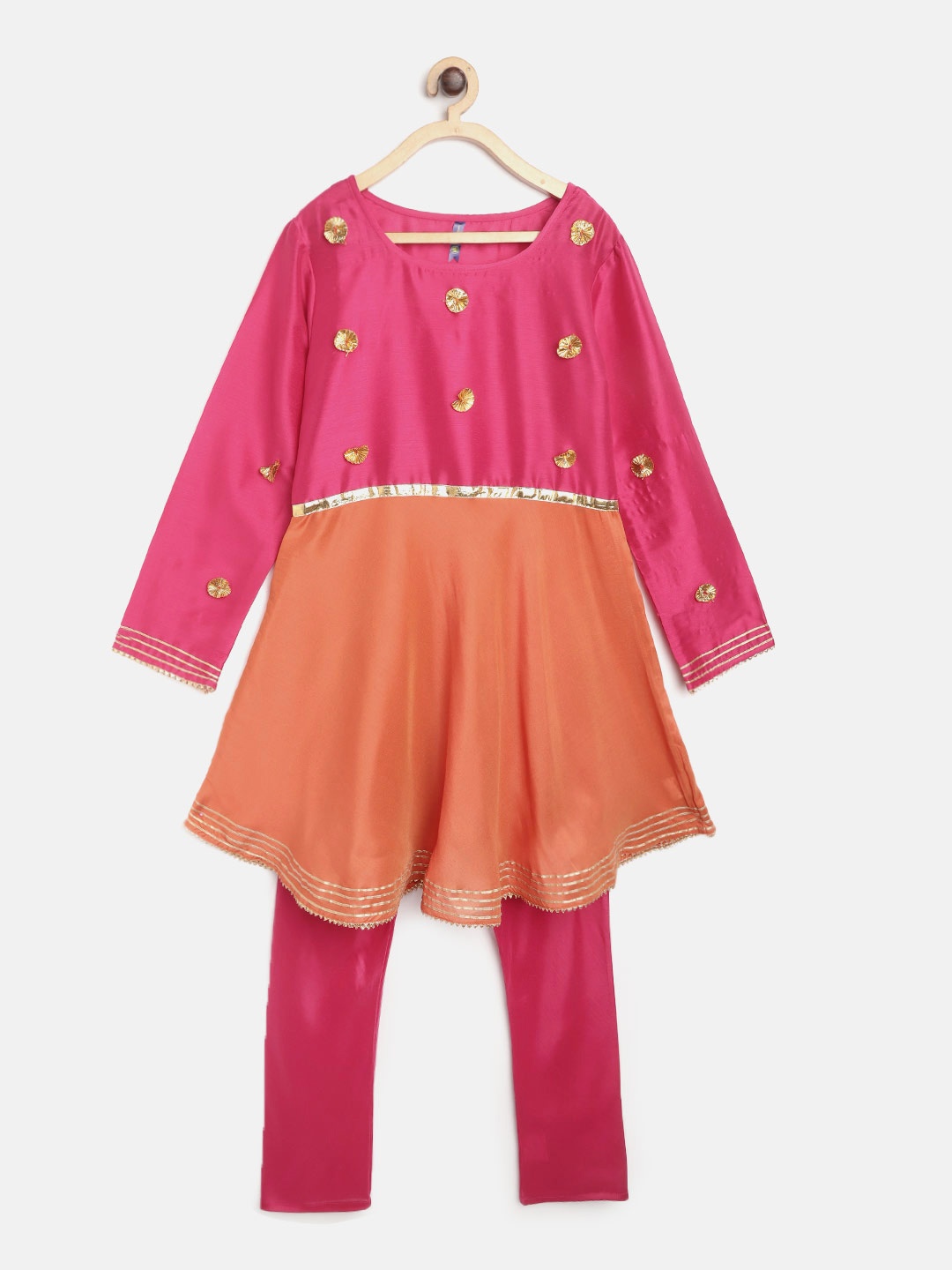 

YK Girls Pink & Orange Colourblocked Kurta with Churidar