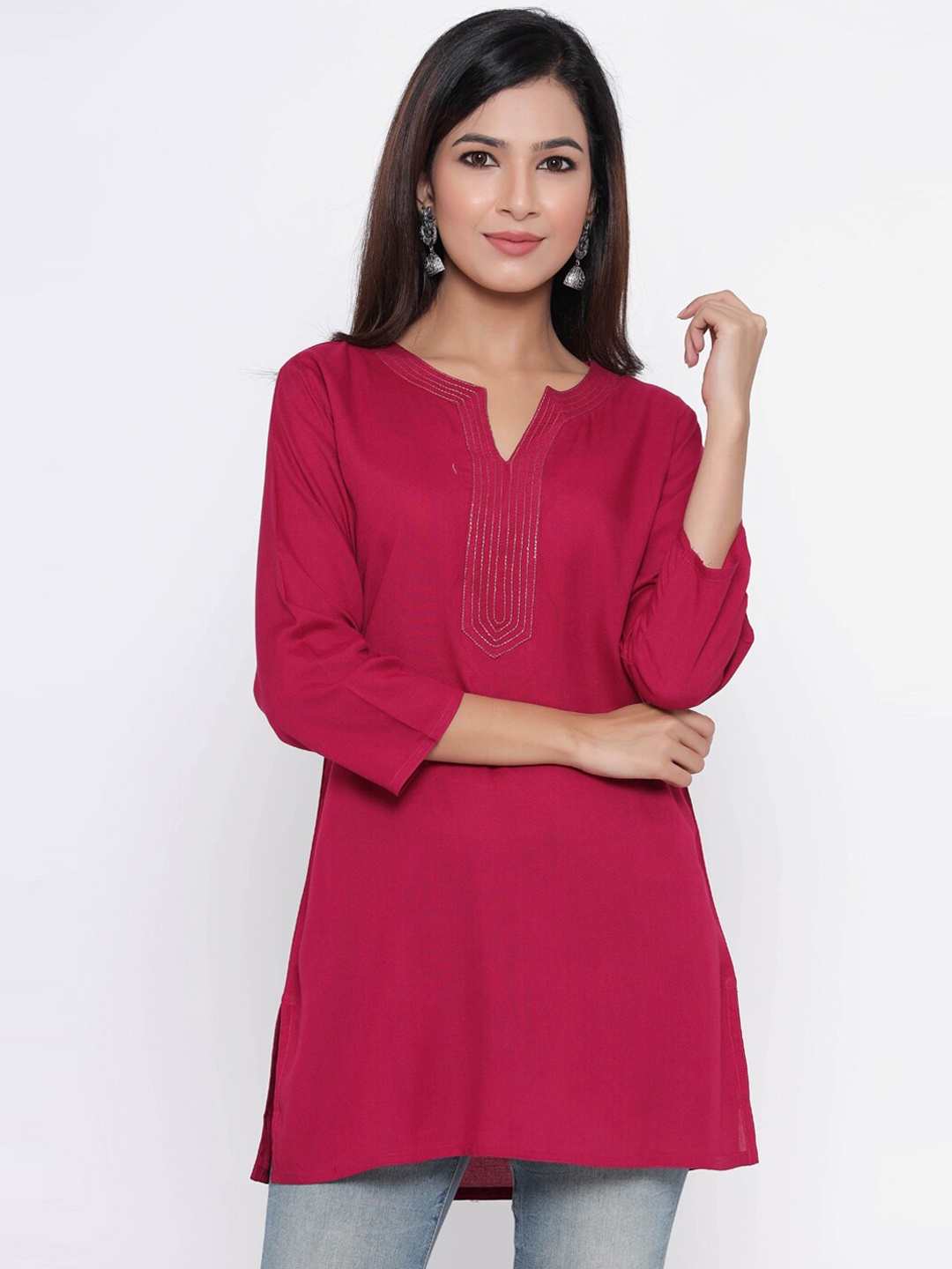

Silai Bunai Women Pink Yoke Design Straight Kurti