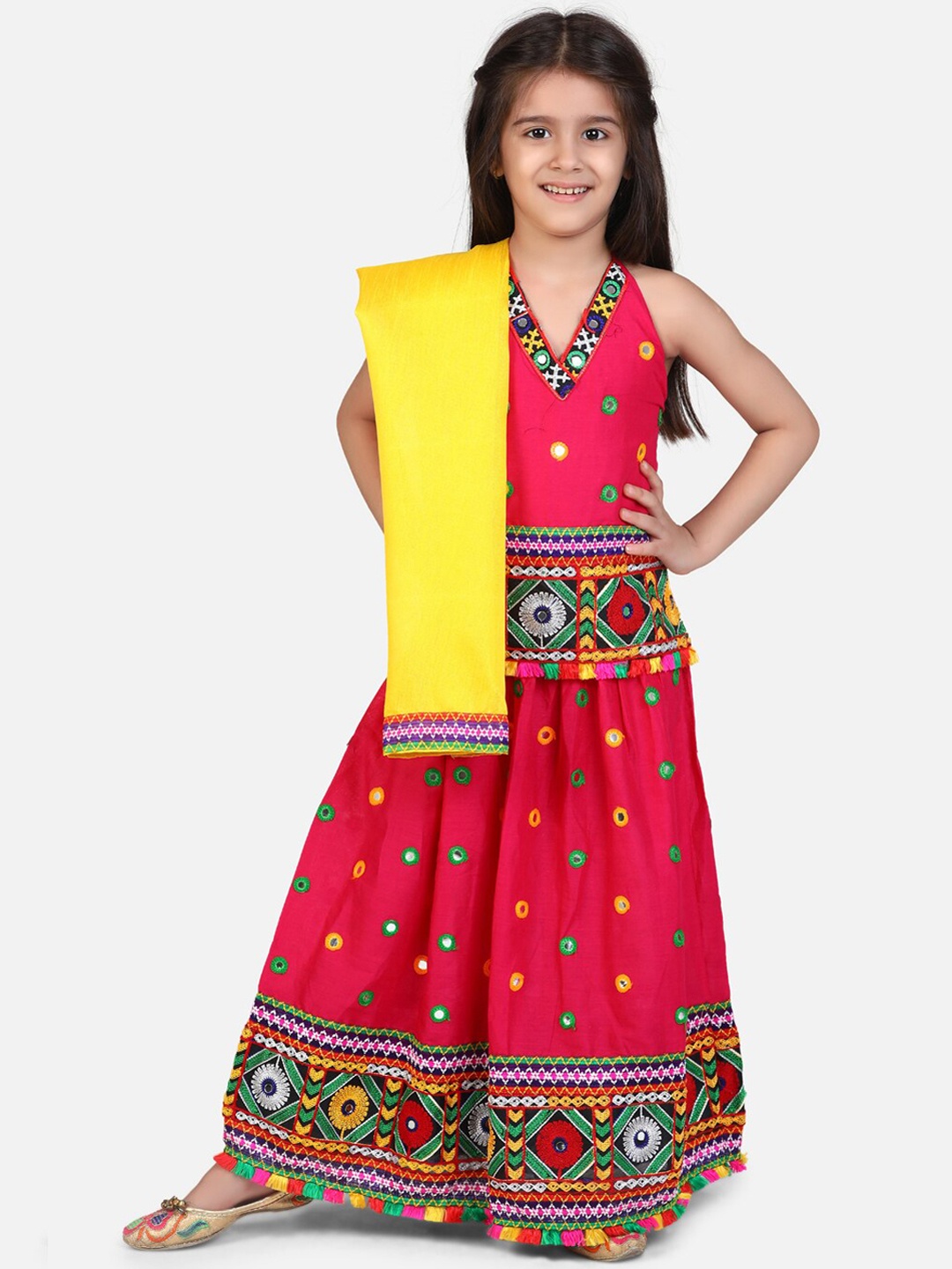 

BownBee Girls Magenta & Yellow Embroidered Ready to Wear Lehenga & Blouse with Dupatta