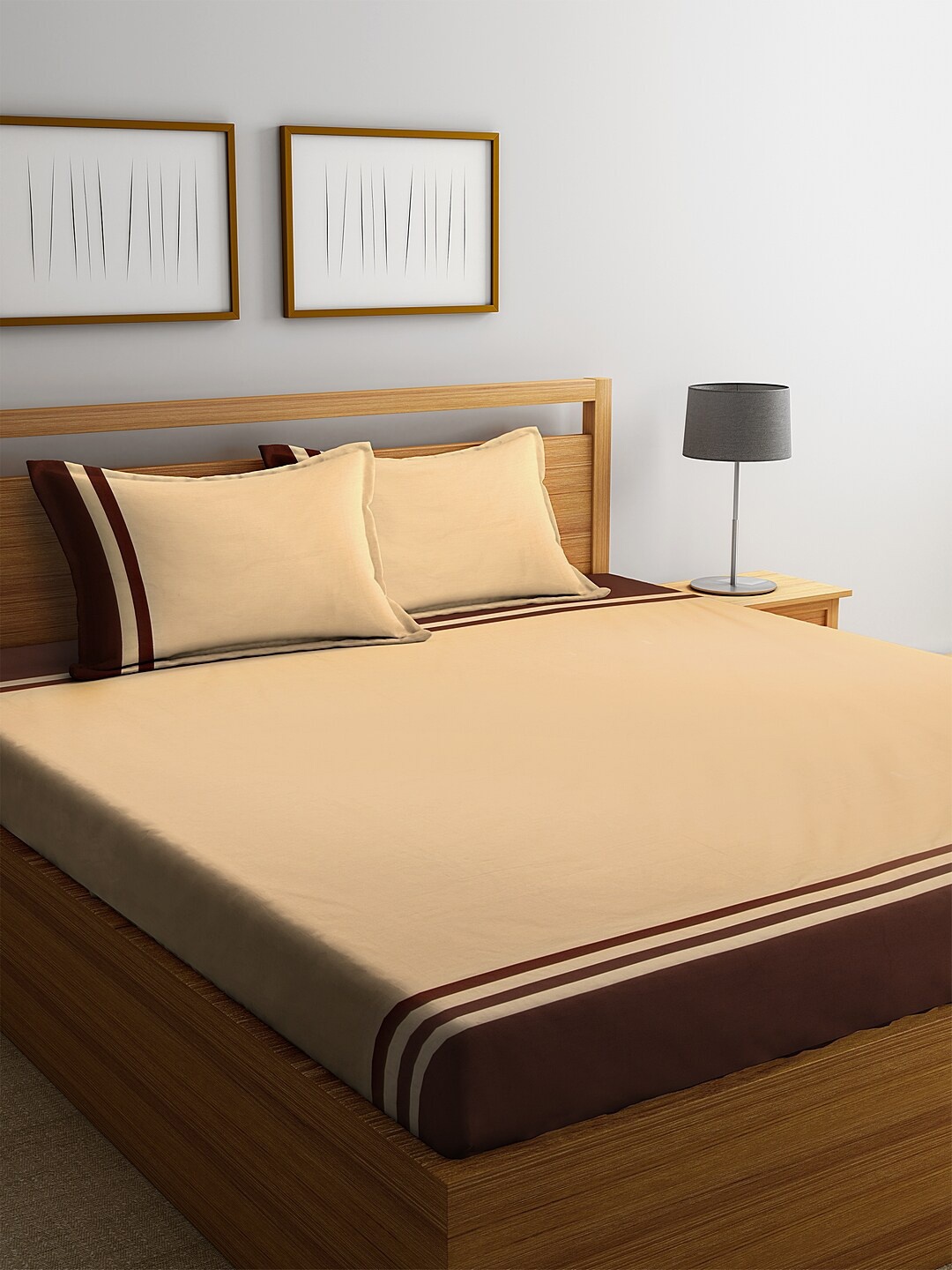 

eyda Beige & Brown Geometric 260 TC Cotton 1 King Bedsheet with 2 Pillow Covers
