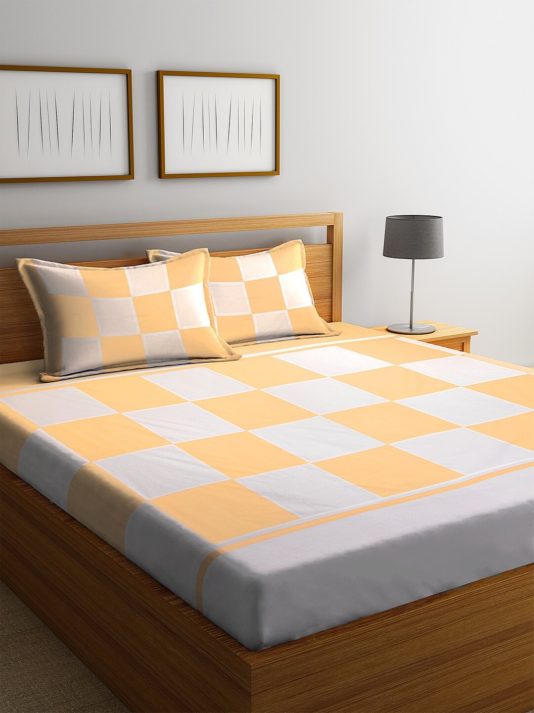 

eyda Off-White & Yellow Geometric 260 TC Cotton 1 King Bedsheet with 2 Pillow Covers