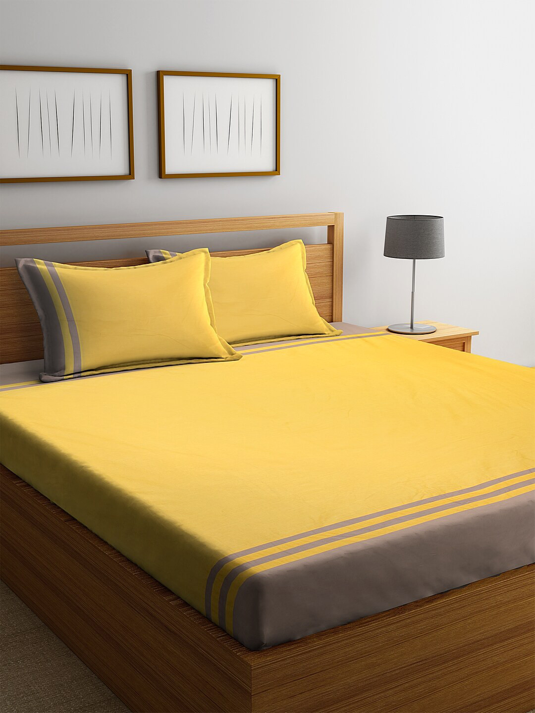 

eyda Yellow & Grey Geometric 260 TC Cotton 1 King Bedsheet with 2 Pillow Covers