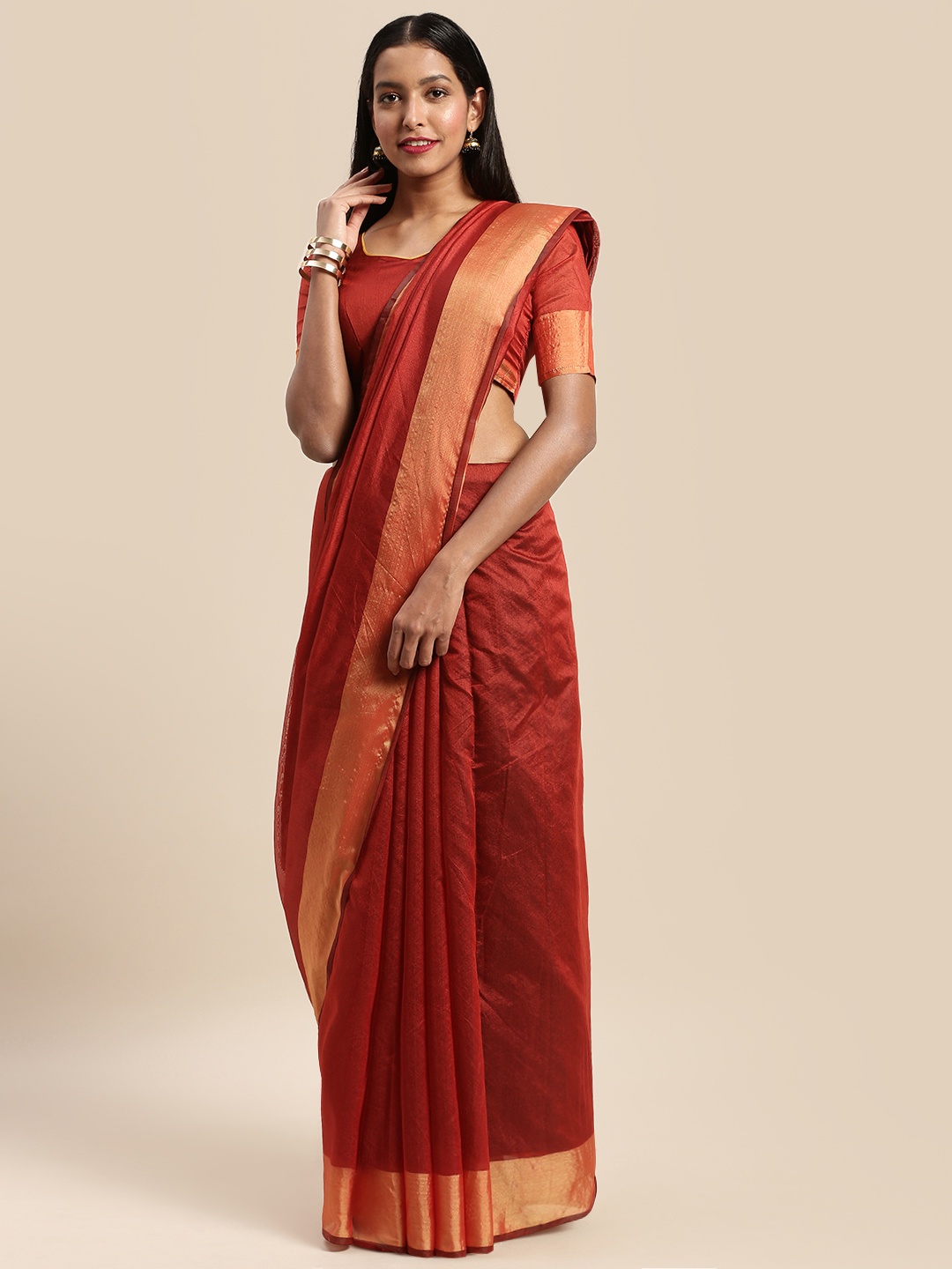 

Silk Bazar Red & Gold-Toned Silk Cotton Dyed Saree