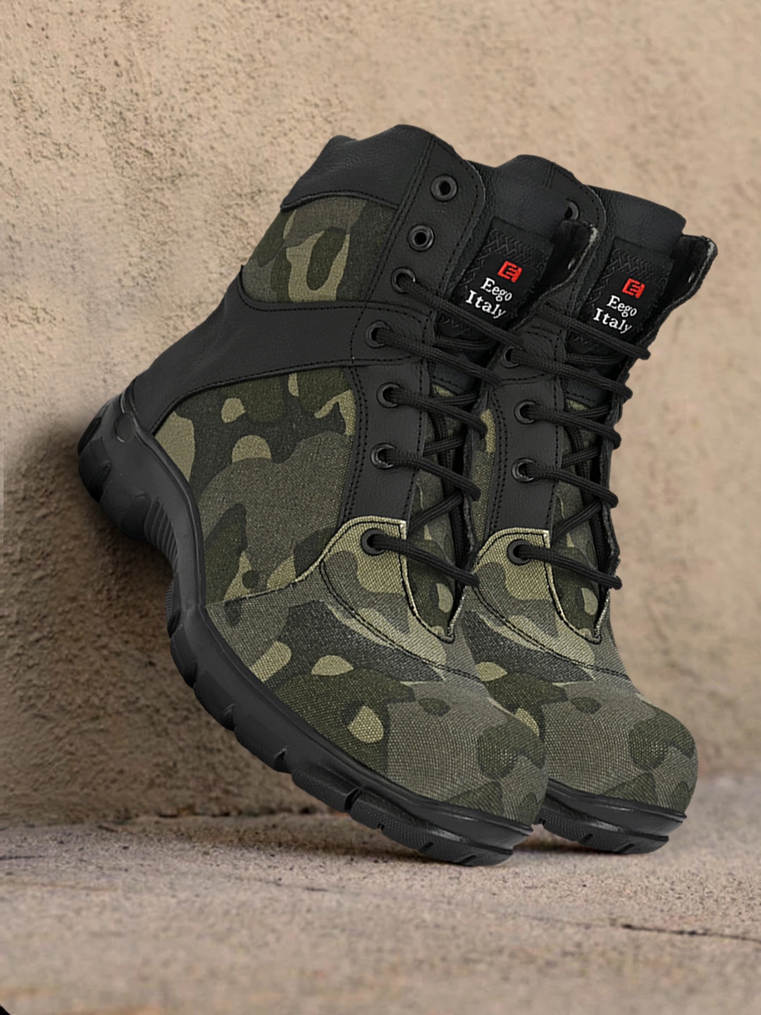 

Eego Italy Men Black Canvas High-Top Camouflage Trekking Shoes