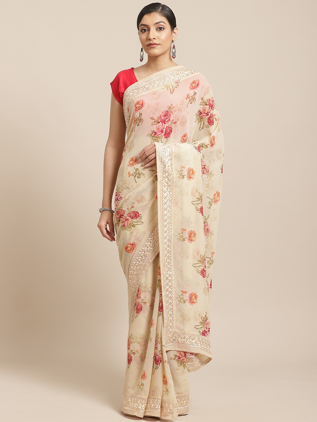 

SHANGRILA Beige & Pink Kalamkari Printed Saree