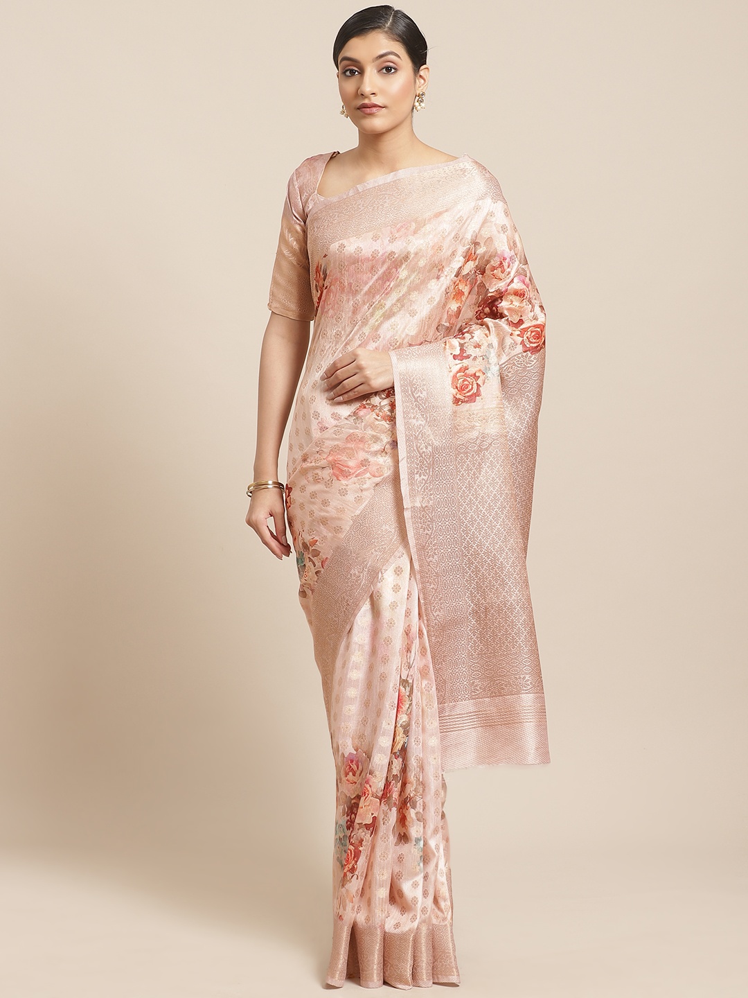 

SHANGRILA Peach-Coloured & Golden Floral Print Banarasi Saree