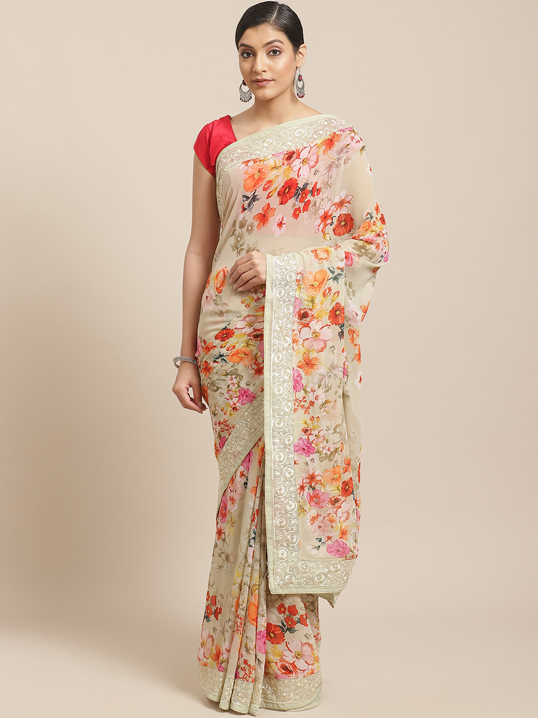 

SHANGRILA Cream-Coloured & Orange Floral Print Saree, Beige