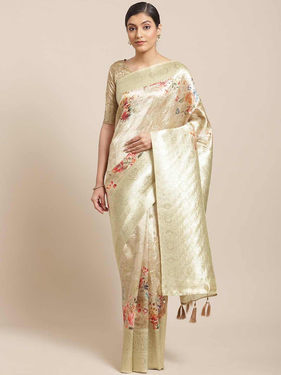 

SHANGRILA Green & Golden Floral Print Banarasi Saree