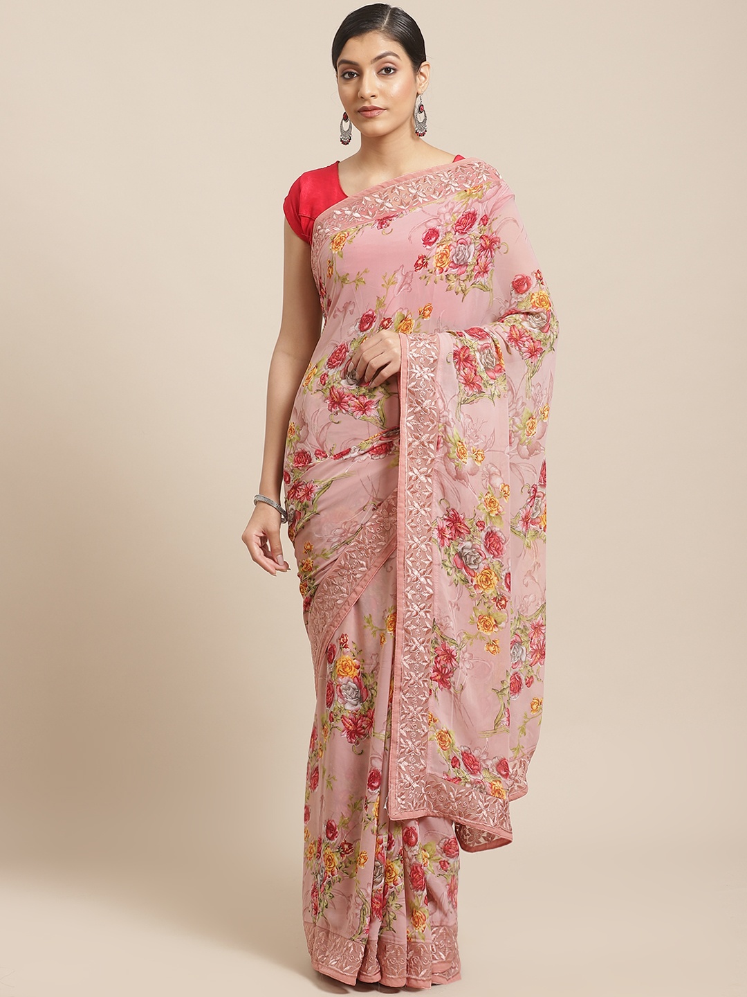 

SHANGRILA Pink & Red Floral Print Saree