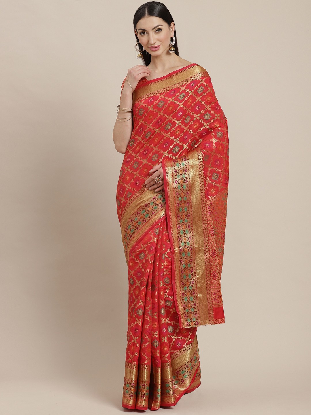 

SHANGRILA Red & Golden Zari Woven Design Banarasi Saree