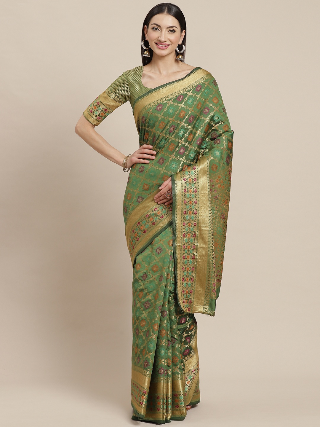 

SHANGRILA Green & Golden Zari Woven Design Banarasi Saree