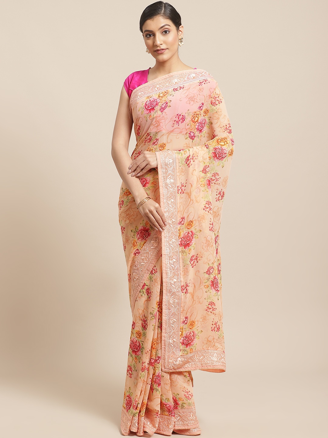 

SHANGRILA Beige & Pink Floral Print Saree