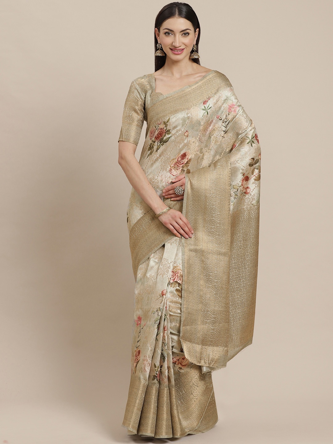 

SHANGRILA Green & Pink Zari Detail Floral Digital Printed Banarasi Saree