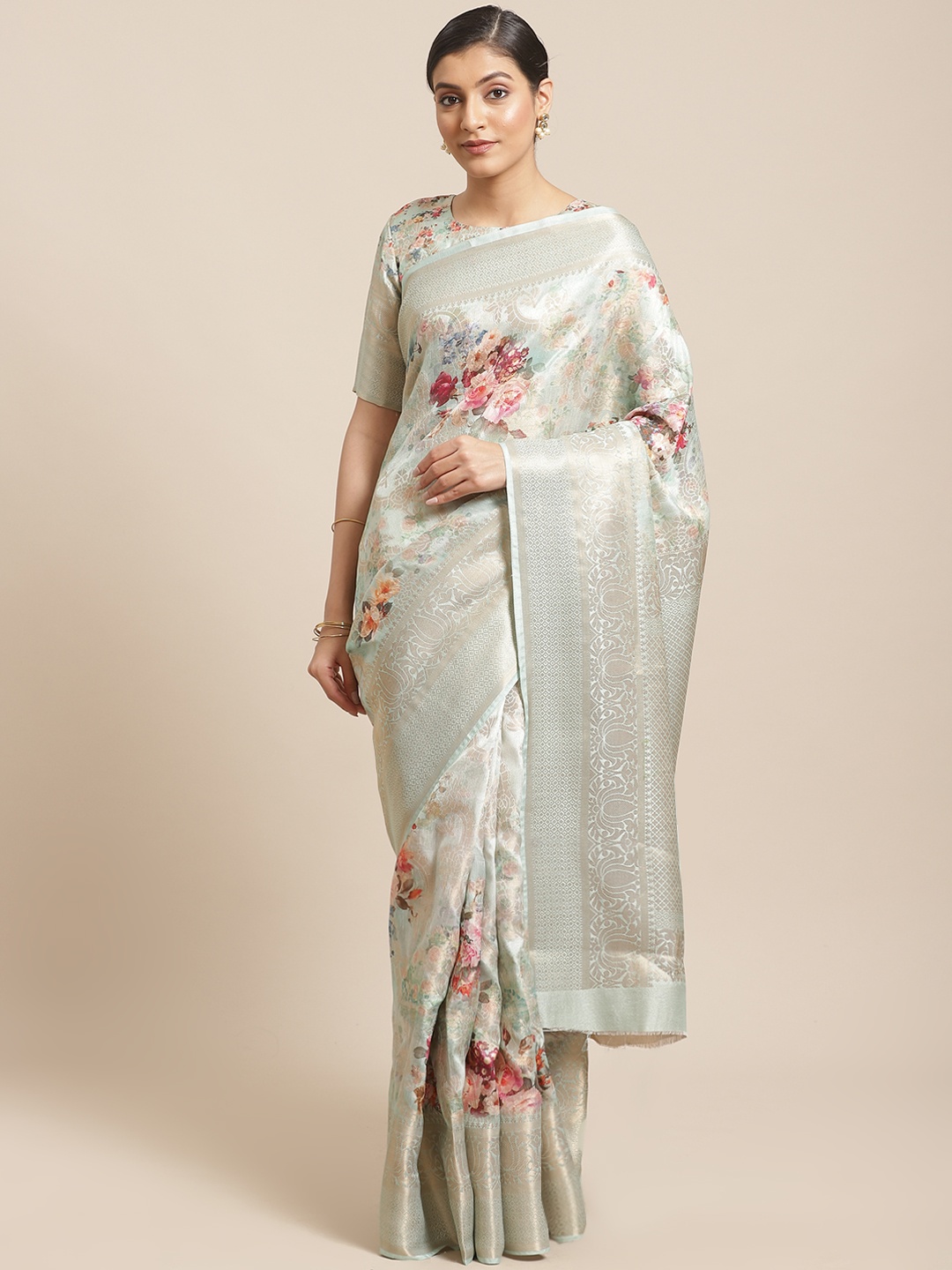 

SHANGRILA Sea Green & Pink Floral Print Banarasi Saree