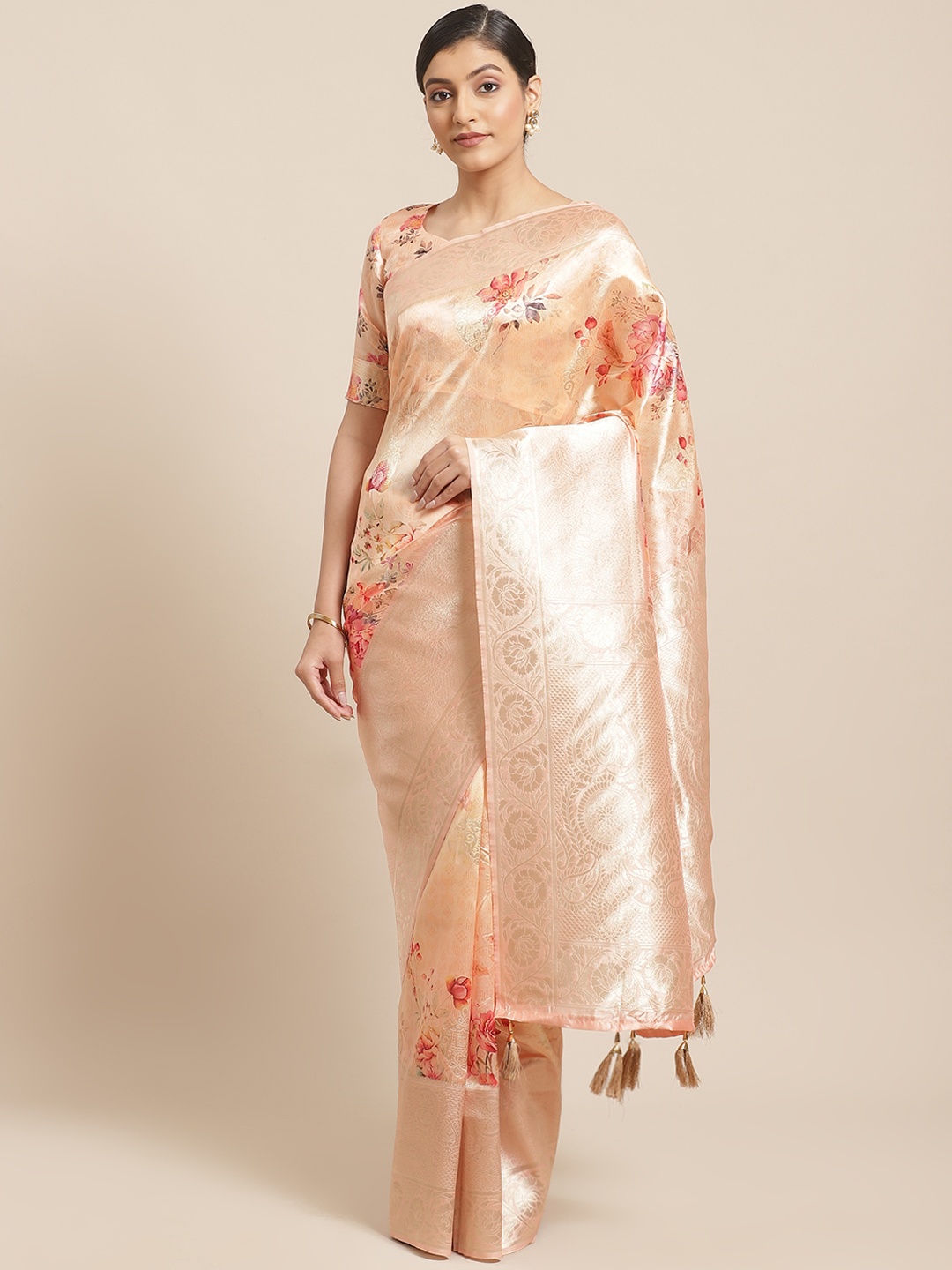 

SHANGRILA Beige & Pink Floral Print Banarasi Saree