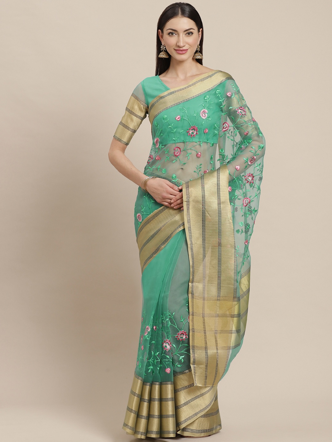 

SHANGRILA Green & Pink Floral Embroidered Saree