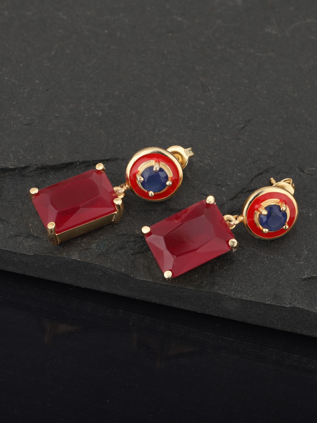 

Carlton London Maroon Gold-Plated Artificial Stone Studded Geometric Drop Earrings