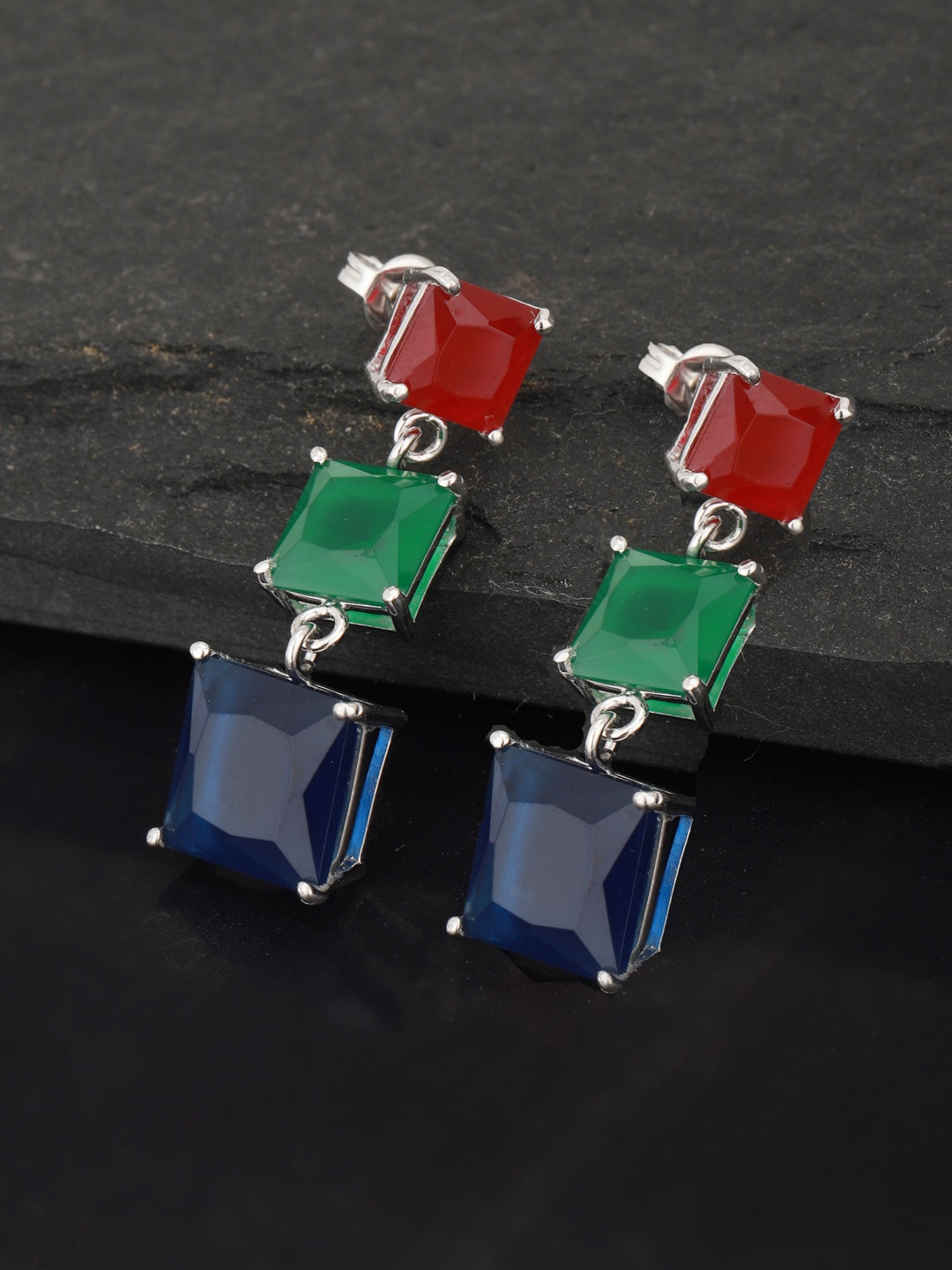 

Carlton London Navy Blue & Green Rhodium-Plated Stone-Studded Square Drop Earrings