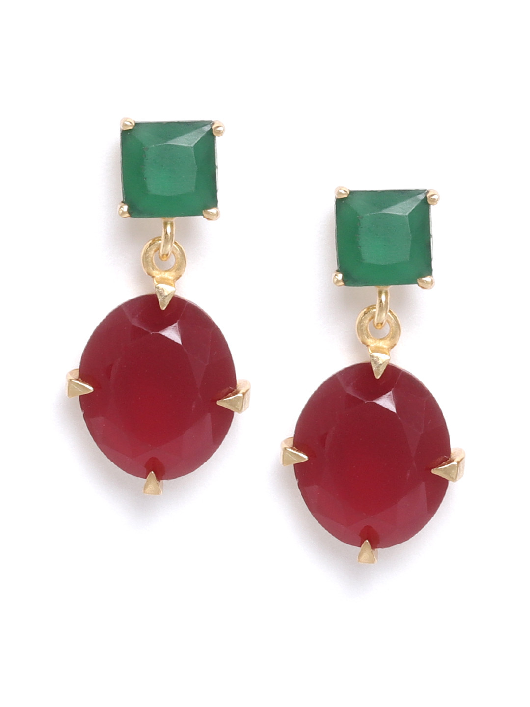 

Carlton London Maroon & Green Gold-Plated Stone-Studded Geometric Drop Earrings