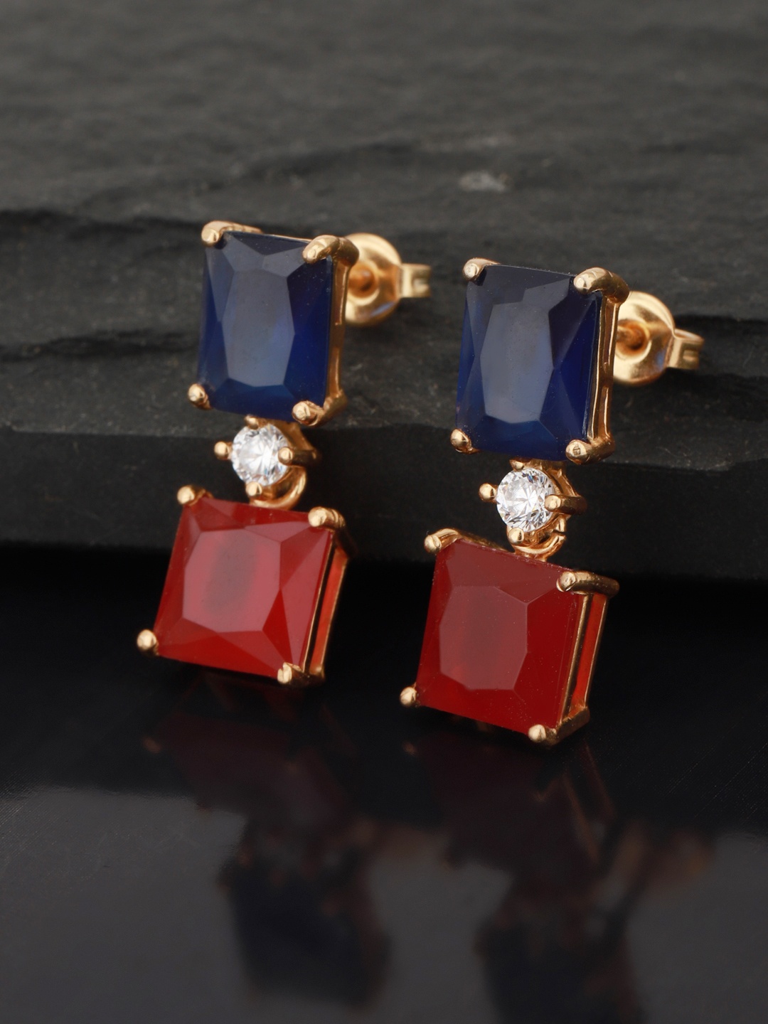 

Carlton London Red & Navy Blue Gold-Plated Stone-Studded Geometric Drop Earrings