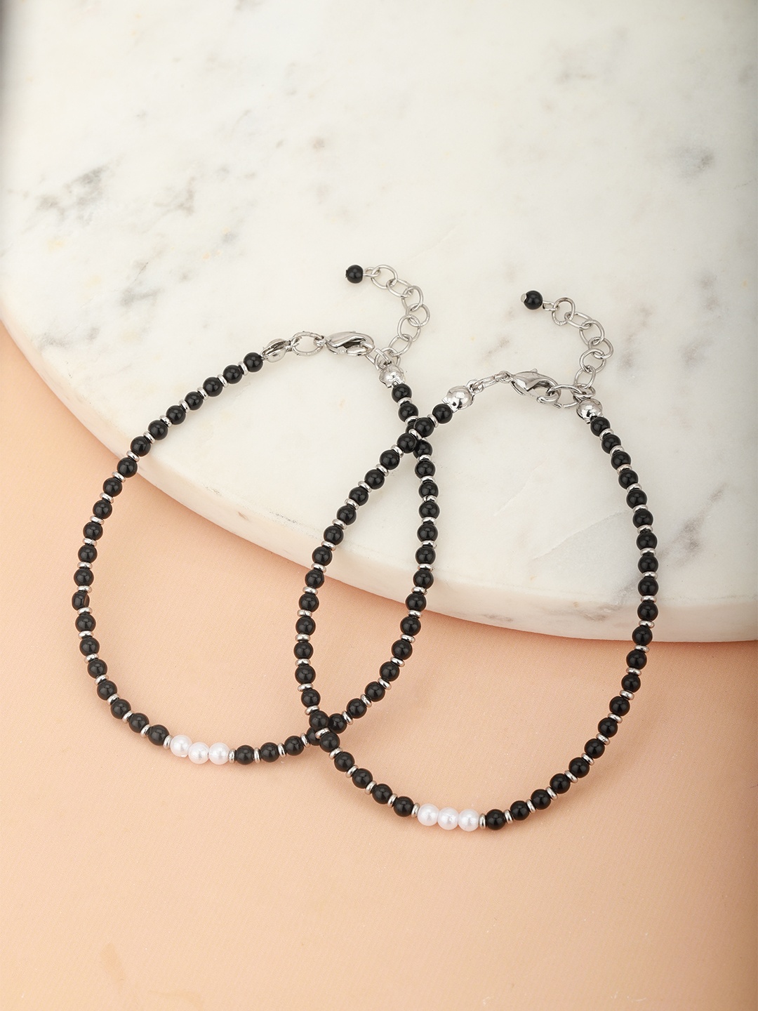 

Carlton London Set of 2 Silver-Toned & Black Rhodium-Plated Beaded Handcrafted Anklets
