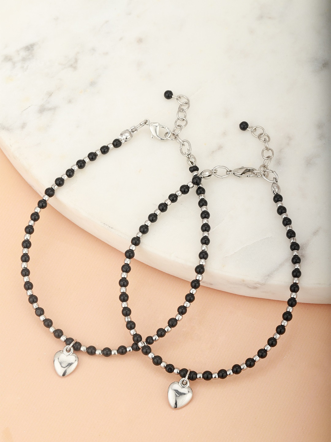 

Carlton London Set of 2 Silver-Toned & Black Rhodium-Plated Beaded Handcrafted Anklets