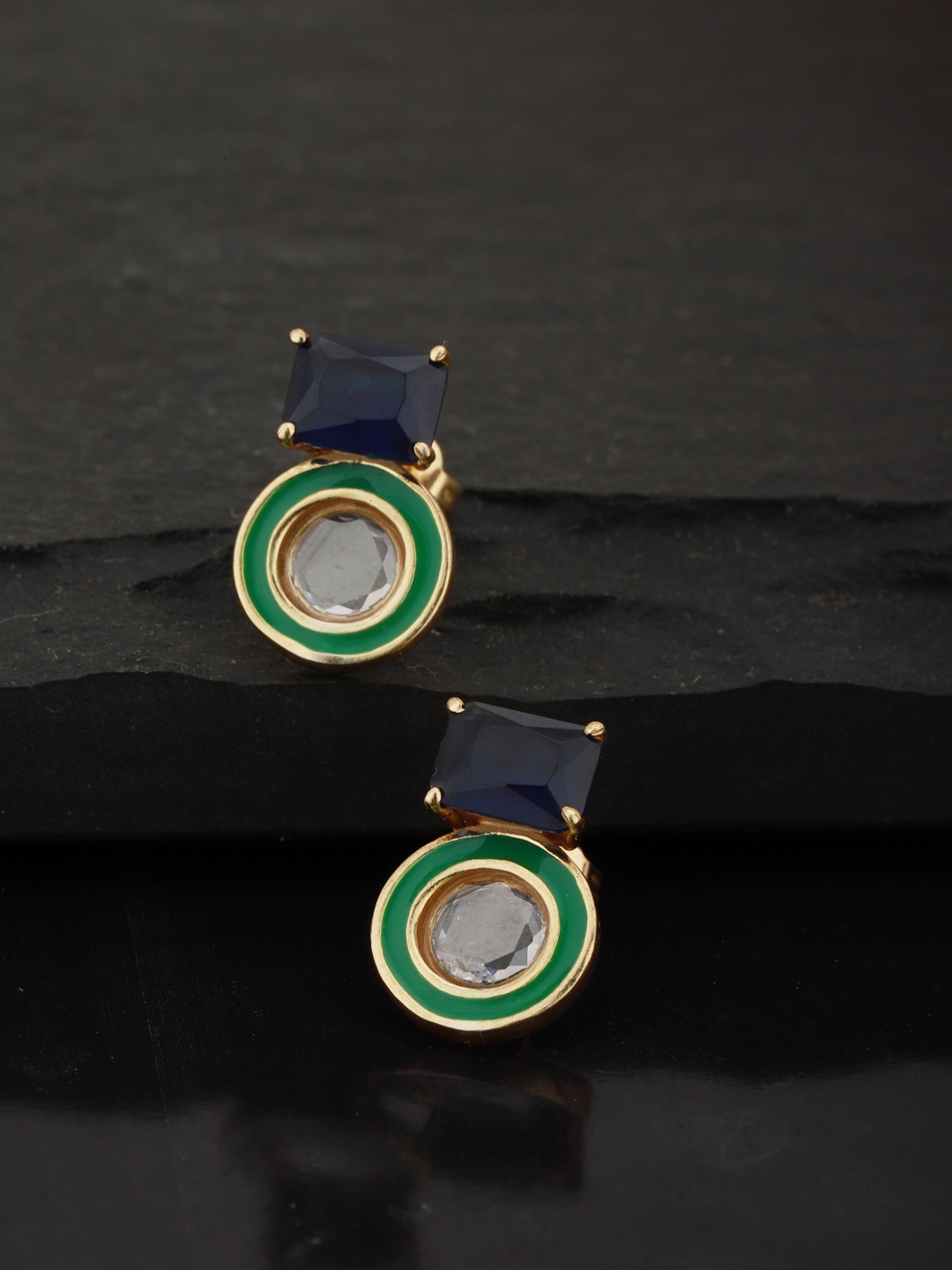 

Carlton London Navy Blue & Green Gold-Plated Stone-Studded Enamelled Geometric Studs