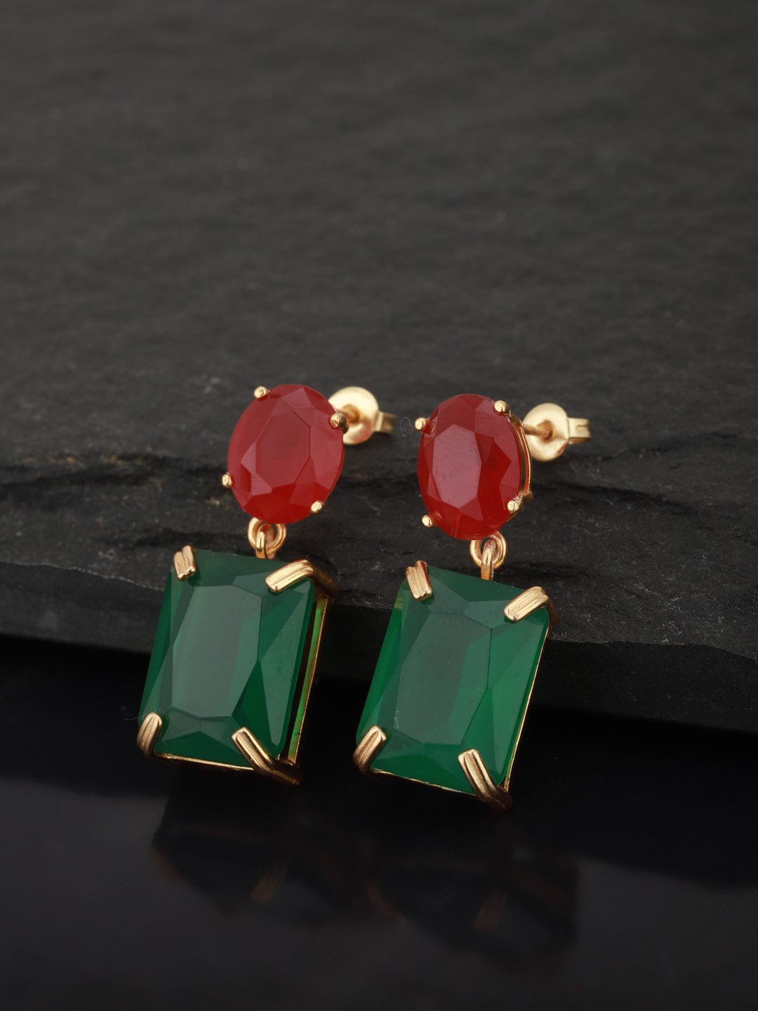 

Carlton London Green & Magenta Gold-Plated Stone-Studded Geometric Drop Earrings
