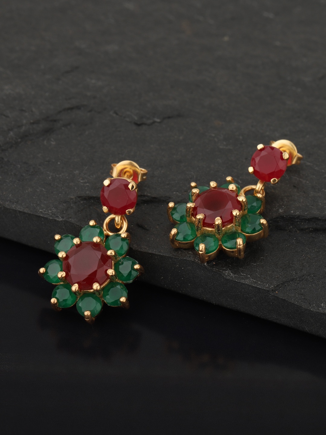 

Carlton London Red & green Gold-Plated Artificial Stone Studded Floral Drop Earrings