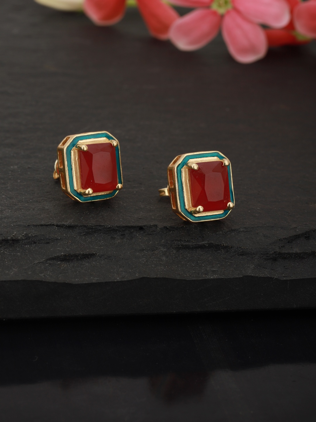 

Carlton London Red & Blue Gold-Plated Stone-Studded Enamelled Geometric Studs