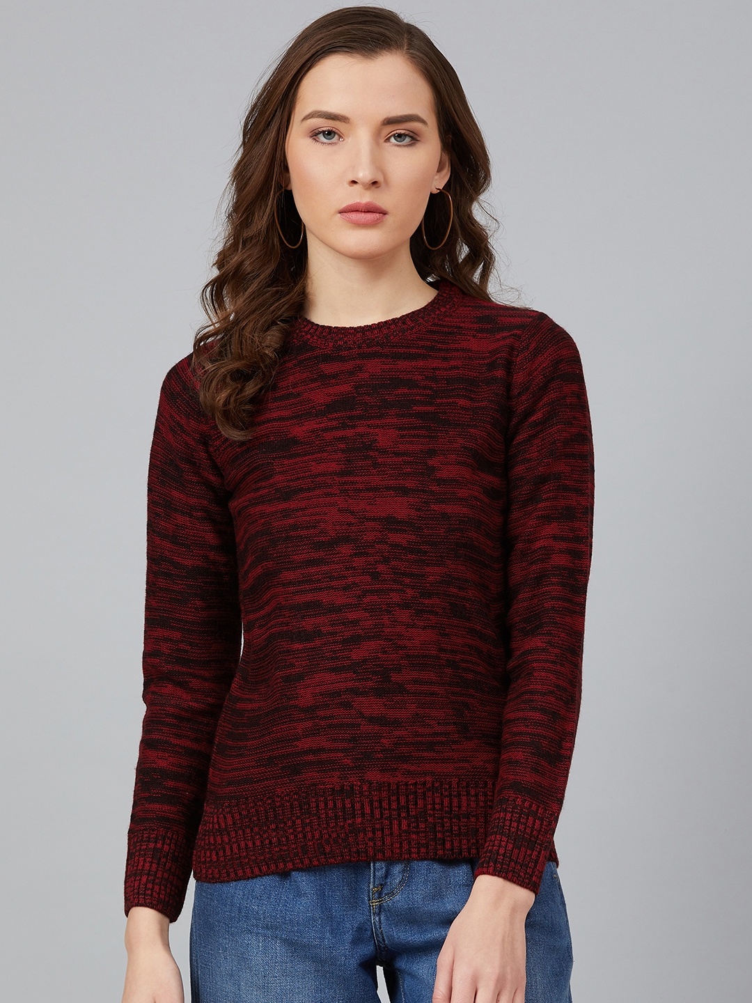 

Cayman Women Maroon & Black Self-Design Pullover Sweater